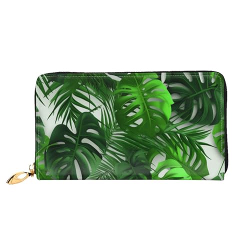 Lrtyuasq Lotusblume Lila Bedruckte Leder Geldbörse mit 12 Kreditkartenfächern und 3 Geldklammer - Lange Clutch Handtasche für Scheckbuch Kreditkarten, Monstera Bananenpalmenblätter, 4.13"(L) x von Lrtyuasq
