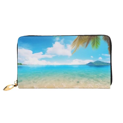 Lrtyuasq Rosa Hibiskus Blume gedruckt Leder Geldbörse mit 12 Kreditkartenfächern und 3 Geldklammer - Lange Clutch Handtasche für Scheckbuch Kreditkarten, Tropisches Strandpalmen-Design, 4.13"(L) x von Lrtyuasq