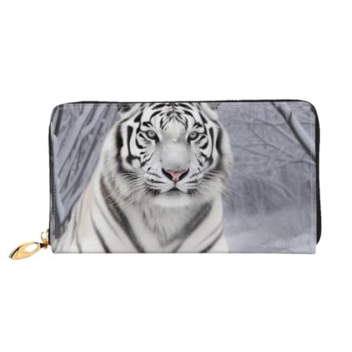 Lrtyuasq Rosa Hibiskus Blume gedruckt Leder Geldbörse mit 12 Kreditkartenfächern und 3 Geldklammer - Lange Clutch Handtasche für Scheckbuch Kreditkarten, Weißer Tiger im Schnee, 4.13"(L) x 7.48"(W), von Lrtyuasq