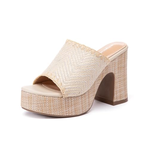 Lryweisy Damen 10,2 cm Wildleder Heels Boho Espadrilles Chunky Plateau Sandalen Open Toe Kleid Pumps Schuhe mit flexibel gepolsterter Innensohle, Aprikose 34, 36 EU von Lryweisy