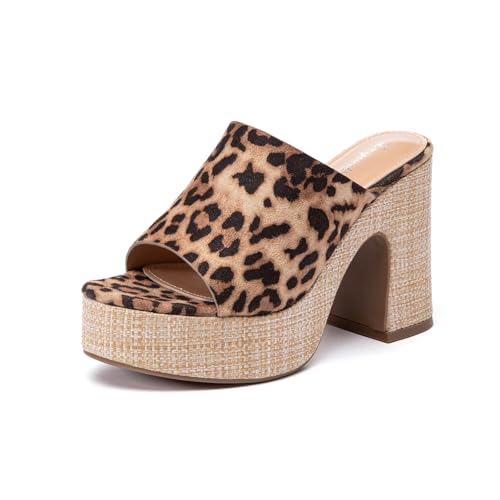 Lryweisy Damen 10,2 cm Wildleder Heels Boho Espadrilles Chunky Plateau Sandalen Open Toe Kleid Pumps Schuhe mit flexibel gepolsterter Innensohle, Leopard 33, 36 EU von Lryweisy