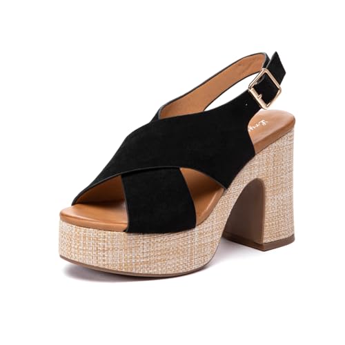 Lryweisy Damen 10,2 cm Wildleder Heels Espadrilles Chunky Plateau Sandalen Open Toe Kleid Pumps Schuhe mit verstellbarer Schnalle, schwarz, 32, 38.5 EU von Lryweisy