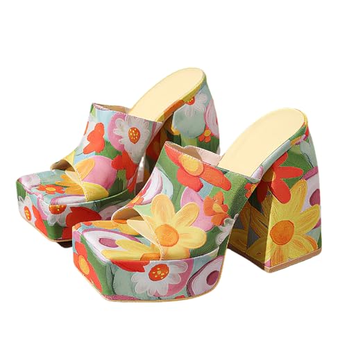 Lryweisy Damen Chunky Plateau Bohemian 5.3 Inch High Heels Square Open Toe Wedge Sandalen Bequeme Elegante Schuhe, Mehrfarbiges Muster, 38.5 EU von Lryweisy