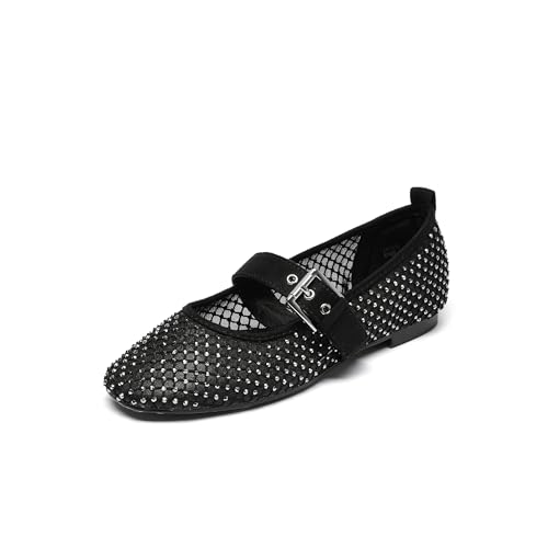 Lryweisy Damen Flats Mesh Mary Jane Strass Bequeme Slip-On Kleid Schuhe mit verstellbarem Riemen, Schwarz 10, 39.5 EU von Lryweisy