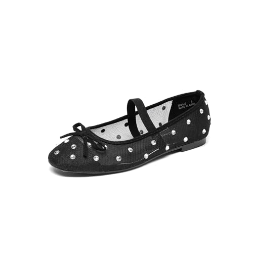 Lryweisy Damen Flats Mesh Mary Jane Strass Bequeme Slip-On Kleid Schuhe mit verstellbarem Riemen, Schwarz 12, 40 EU von Lryweisy