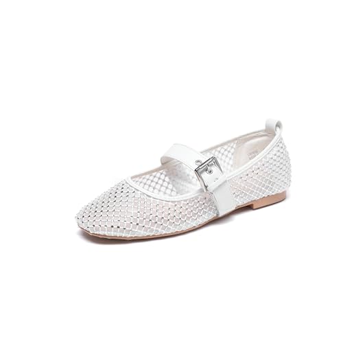 Lryweisy Damen Flats Mesh Mary Jane Strass Bequeme Slip-On Kleid Schuhe mit verstellbarem Riemen, Weiß 10, 37.5 EU von Lryweisy
