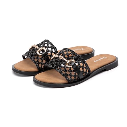 Lryweisy Damen Pantoletten mit offener Zehenpartie, flache Pantoletten mit goldfarbener Metallschnalle und flexibler gepolsterter Innensohle, Schwarz, Schwarz, 39.5 EU Lryweisy Damen Pantoletten mit offener Zehenpartie, flache Pantoletten mit goldfarbener Metallschnalle und flexibler gepolsterter Innensohle, Schwarz, Schwarz, 39.5 EU von Lryweisy
