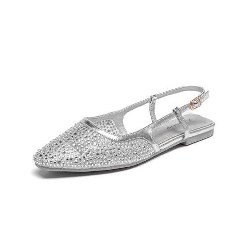 Lryweisy Damen Strass verzierte Slingback Flats Sparkly Pointed Toe Kleid Schuhe Knöchelriemen Schnalle, silber, 42 EU von Lryweisy