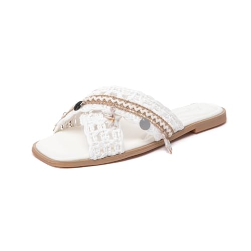 Lryweisy Flache Sandalen für Damen, bequeme geflochtene Oberseite, Slides mit Bohemian-Touch-Glitzer-Hausschuhen, Beige, 37.5 EU Lryweisy Flache Sandalen für Damen, bequeme geflochtene Oberseite, Slides mit Bohemian-Touch-Glitzer-Hausschuhen, Beige, 37.5 EU von Lryweisy