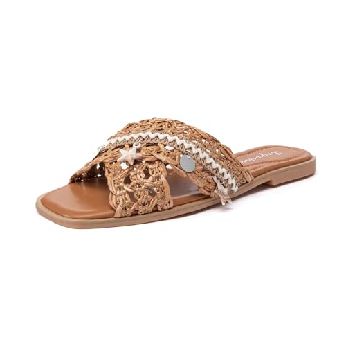 Lryweisy Flache Sandalen für Damen, bequeme geflochtene Oberseite, Slides mit Bohemian-Touch-Glitzer-Hausschuhen, Camel-Braun, 37.5 EU Lryweisy Flache Sandalen für Damen, bequeme geflochtene Oberseite, Slides mit Bohemian-Touch-Glitzer-Hausschuhen, Camel-Braun, 37.5 EU von Lryweisy