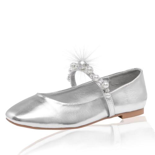 Lynweisy Damen Zweifarbige Mary Jane Flats - Verstellbarer Schnallenriemen Ballerinas Schuhe rutschfest Schwarz/Silber Komfort Kleid Flats, 013 Silber/Glitzer, 38 EU von Lryweisy