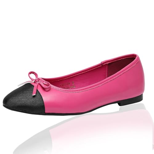 Lynweisy Damen Zweifarbige Mary Jane Flats - Verstellbarer Schnallenriemen Ballerinas Schuhe rutschfest Schwarz/Silber Komfort Kleid Flats, Pfirsich/Schwarz, 37 EU von Lryweisy