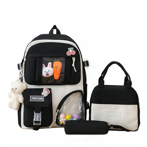 LsdgFriday Niedliches Rucksack-Set, Kawaii-Schulrucksack, ästhetischer Rucksack mit Anhänger, für Teenager, Mädchen, Schulbedarf, 4-teilig, schwarz / klar, Einheitsgröße LsdgFriday Niedliches Rucksack-Set, Kawaii-Schulrucksack, ästhetischer Rucksack mit Anhänger, für Teenager, Mädchen, Schulbedarf, 4-teilig, schwarz / klar, Einheitsgröße von LsdgFriday