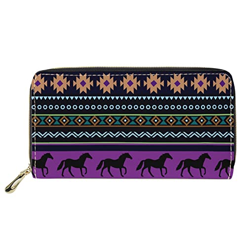 Aztec Tribe Horse Print Lange Geldbörse für Damen, Lässige, leichte Leder-Geldbörse, schmal, Handtasche mit Reißverschluss von Lsjuee