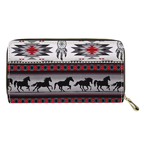 Aztec Tribe Native Horse Print PU Leder Slim Wallet, Zipper Durable Long Purse Handtasche for Handy Credit Cards Key, Grey von Lsjuee