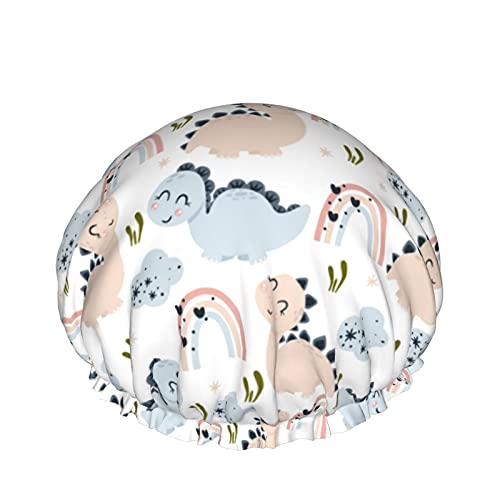 Baby-Dinosaurier und Regenbogen, wiederverwendbar, elastisches Bad, wasserdichte Duschhaube für Damen, Kappen für Mädchen, Spa, Heimgebrauch, Hotel und Friseursalon von Lsjuee