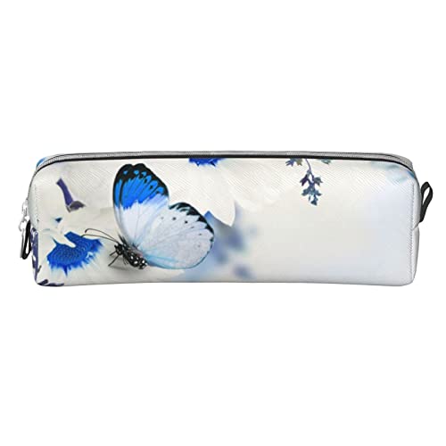 Blaue weiße Blumen, Schmetterlinge, kleines Federmäppchen, einfache Stifttasche, Tragetasche für Erwachsene, mit glattem Reißverschluss, langlebig, leicht, für Büro, Organizer, Aufbewahrungstasche von Lsjuee