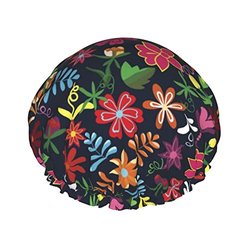 Bunte mexikanische Blumenmuster-Duschhaube für Damen, wiederverwendbar, lange Haarkappen mit elastischem Band, doppellagige Bade-Duschmütze für Erwachsene und Kinder Bunte mexikanische Blumenmuster-Duschhaube für Damen, wiederverwendbar, lange Haarkappen mit elastischem Band, doppellagige Bade-Duschmütze für Erwachsene und Kinder von Lsjuee