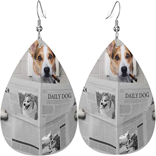 Damen Leder Ohrringe Fashion Dangle Drop Ohrringe-Corgi Read Zeitung auf Toilette Teardrop Ohrringe von Lsjuee