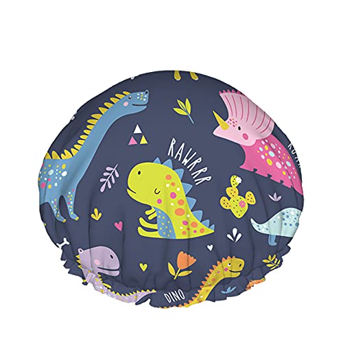 Dinosaurier-Duschhaube, niedliche, lustige, bunte Kinder-Dinosaurier mit Regenbogenmuster, wasserdichte, doppellagige Badekappen, perfekt für alle Haarlängen und -dicken von Lsjuee