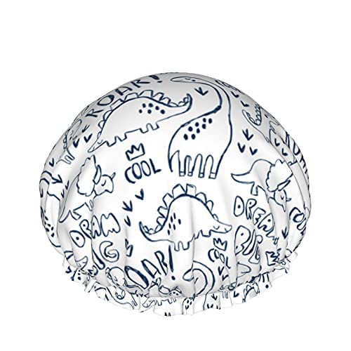 Dinosaurier und Handbeschriftung, wiederverwendbar, elastisches Bad, wasserdichte Duschhaube für Damen, Kappen für Mädchen, Spa, Heimgebrauch, Hotel und Friseursalon von Lsjuee