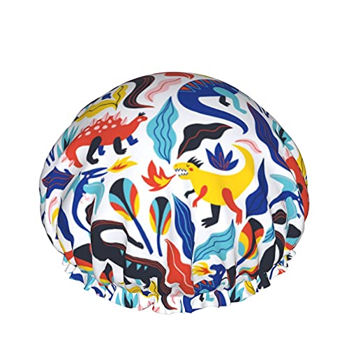 Dinosaurier und abstrakte Blätter, wiederverwendbar, elastisches Bad, wasserdichte Duschhaube für Damen, Kappen für Mädchen, Spa, Heimgebrauch, Hotel und Friseursalon von Lsjuee