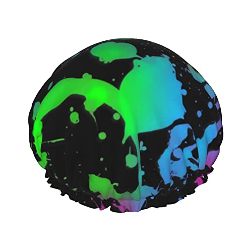 Duschhaube mit Regenbogen-Neon-Farbspritzern, für Damen, wiederverwendbar, lange Haarkappen mit elastischem Band, doppellagige Bade-Duschmütze für Erwachsene und Kinder von Lsjuee