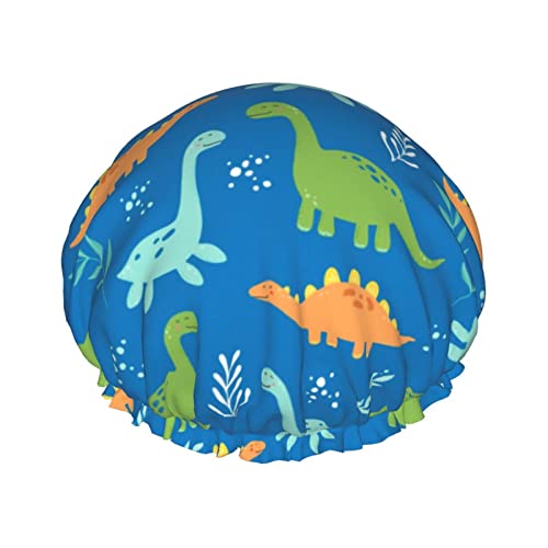 Duschhaube mit niedlichem Dinosaurier- und Blättermuster, für Damen, wiederverwendbar, lange Haarkappen mit elastischem Band, doppellagige Bade-Duschmütze für Erwachsene und Kinder von Lsjuee