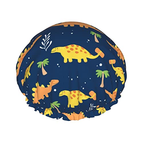 Duschhaube mit niedlichem Dinosaurier- und Blättermuster, für Damen, wiederverwendbar, lange Haarkappen mit elastischem Band, doppellagige Bade-Duschmütze für Erwachsene und Kinder von Lsjuee