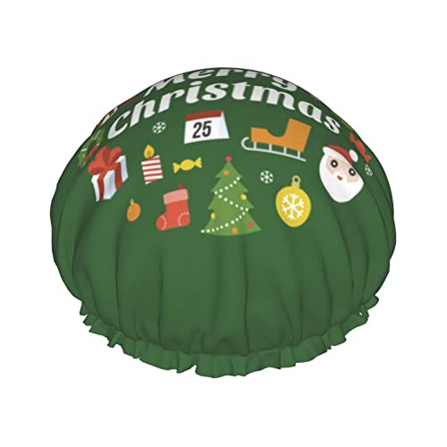 Duschhaube mit niedlichem Weihnachtsmann und frohen Weihnachten, für Damen, wiederverwendbar, lange Haarkappen mit elastischem Band, doppellagige Bade-Duschmütze für Erwachsene und Kinder von Lsjuee
