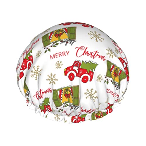 Duschhauben mit Aufschrift „Merry Christmas Truck, wiederverwendbare Badekappe, elastisch, Bade-Duschhut, weich, wasserdicht, für Haarkappen aller Haarlängen von Lsjuee