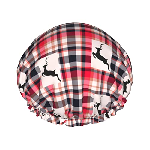 Duschkappen mit Weihnachts-Plaid-Hirsch-Patch, wiederverwendbar, Badekappe, elastisch, Bade-Duschhut, weich, wasserdicht, für Haarkappen aller Haarlängen von Lsjuee