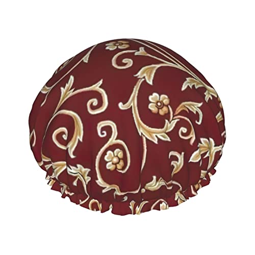 Flower Maroon Gold Floral Noble Duschhaube Frauen wiederverwendbare lange Haarkappen verstellbare doppellagige Badeduschmütze für Frauen Kinder geeignet für alle Längen von Lsjuee