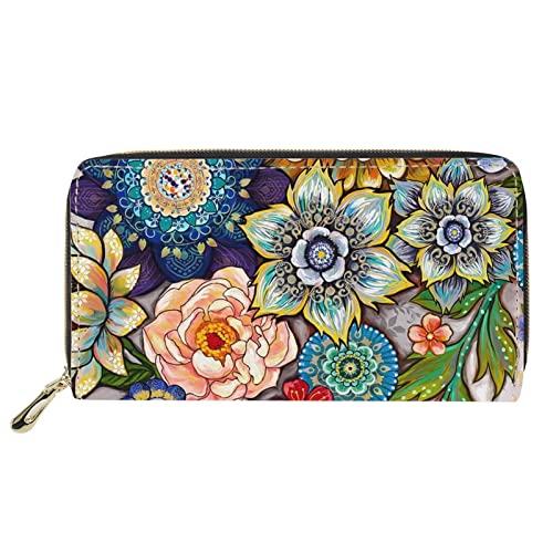 Frauen Leder Geldbörse Bunte Mandala Blumendruck Elegante Kupplung Lässige Handtasche Geldbörse für Reisen im Freien von Lsjuee