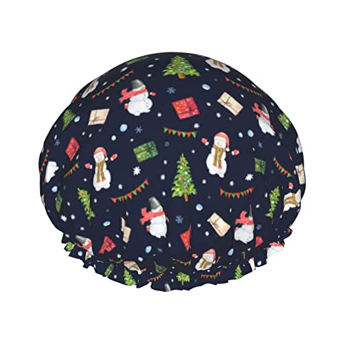 Frohe Weihnachten Baum Schneemann Geschenk Duschhaube Frauen wiederverwendbare lange Haarkappen mit elastischem Band Doppelschicht Badeduschhut für Erwachsene Kinder von Lsjuee
