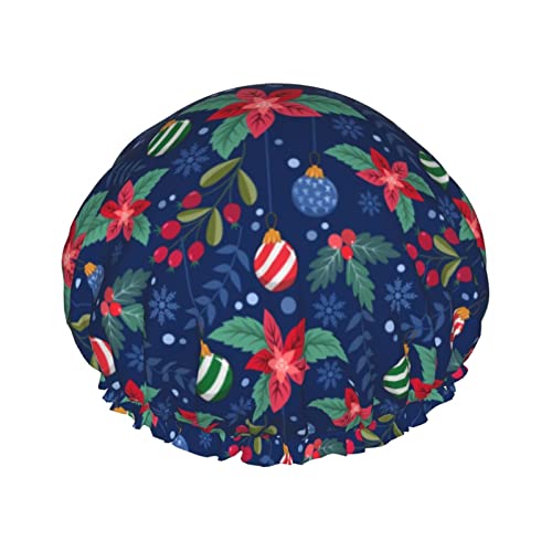 Frohe Weihnachten Blumenmuster Duschhaube Frauen wiederverwendbare lange Haarkappen mit elastischem Band Doppelschicht Badeduschhut für Erwachsene Kinder von Lsjuee