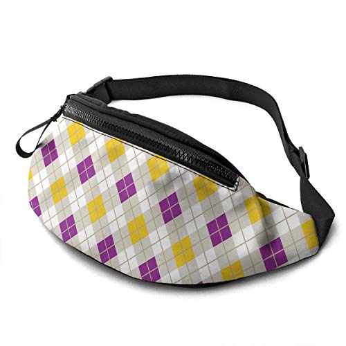 Gelbe und Violette Argyle-Gürteltasche für Damen und Herren, modische Hüfttasche, Hüfttasche mit verstellbarem Gürtel für Reisen, Outdoor, Sport, Radfahren, Laufen von Lsjuee