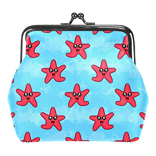 Geldbörse mit Kleiner Schnalle, Happy Funnt Sea Starfish Blue Background-Beutel, Geldbörse mit Kiss-Lock-Verschluss von Lsjuee