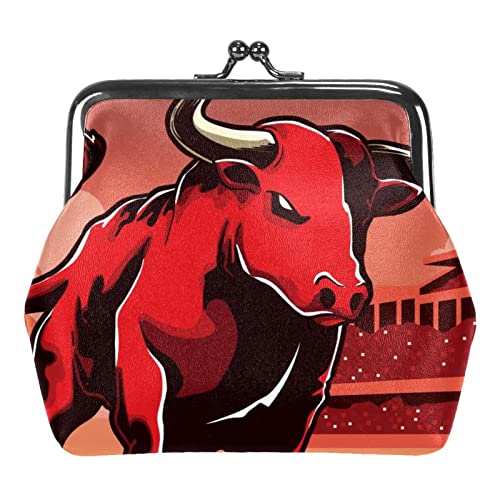 Geldbörse mit Kleiner Schnalle, Motiv Bull Animal Fight Red Moon Building Pouch, Münzgeldbörse mit Kiss-Lock-Verschluss von Lsjuee