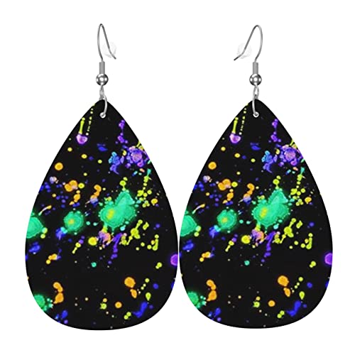 Glow In Dark Splatter Neon Lederohrringe für Frauen und Mädchen Tropfenförmige Lederohrringe Einfache Ohrhänger von Lsjuee