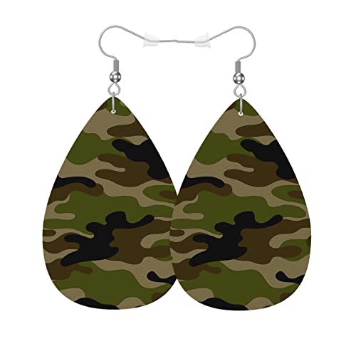 Grüne Camouflage Grüne Camouflage Leder Teardrop Ohrringe für Frauen Retro Classic Military Pattern Western Ohrringe für Mädchen Geschenk Drop Dangle Ohrringe von Lsjuee