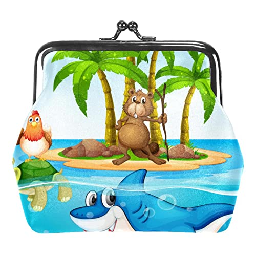 Hai-Meeresschildkröte-Papagei-Hahn-Insel-Strand-Münzengeldbörse Vintage-Beutel mit Schnallen-Clutch-Tasche Kiss-Lock-Wechselgeldbeutel-Verschluss-Geldbörsen für Frauen und Mädchen von Lsjuee