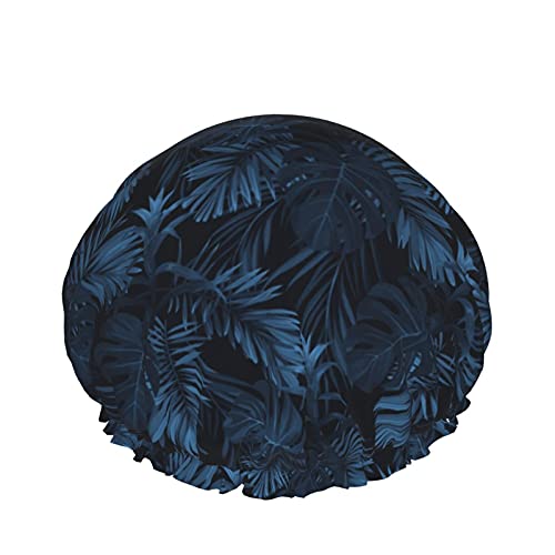 Indigo Tropical Pattern Palm Leaves Wiederverwendbare elastische Badekappe Wasserdichte Duschhaube für Damen, Kappen für Mädchen Spa Heimgebrauch, Hotel und Friseursalon von Lsjuee