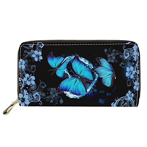 Leder Frauen Brieftasche Lange Geldbörse Blau Schmetterling Blumendruck Telefon Handtasche Damen Clutch Bag von Lsjuee