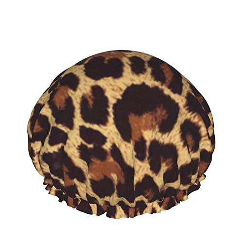 Leopardenmuster Duschhaube Elastische wiederverwendbare DoubleBath Cap Wasserdichtes Äußeres PEVA-Futter Haarhaube für Frauen 1 Stück von Lsjuee