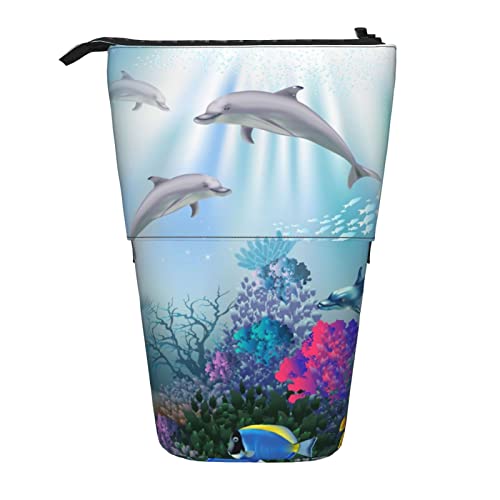 Lsjuee Blauer -Unterwasserfisch-Druck-Federmäppchen, Stehmäppchen, Teleskop-Briefpapier-Stiftetui, Stehmäppchen mit Reißverschluss von Lsjuee