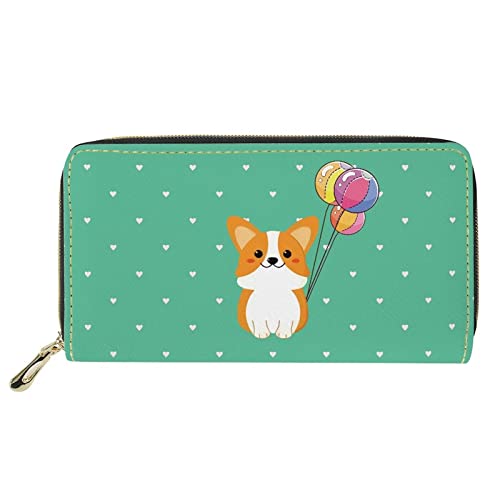 Lsjuee Brieftaschen, modische Handtasche, Geldscheinklammern, Handyhalter, Kupplung mit Reißverschluss, Mädchen-Damen-Ledergeldbörse mit süßem Corgi-Muster, Grün von Lsjuee