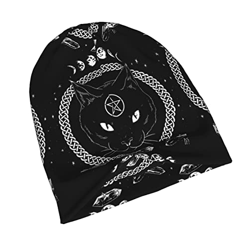 Lsjuee Cat Moon Gothic Print Beanie Mütze Strickmütze Freizeitmütze für Herren Damen Schwarz von Lsjuee