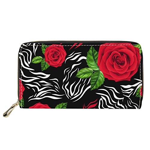 Lsjuee Geldbörse für Frauen, Vintage, rote Rose mit Zebra-Print, Kartenhalter, Passtasche, Reißverschluss von Lsjuee