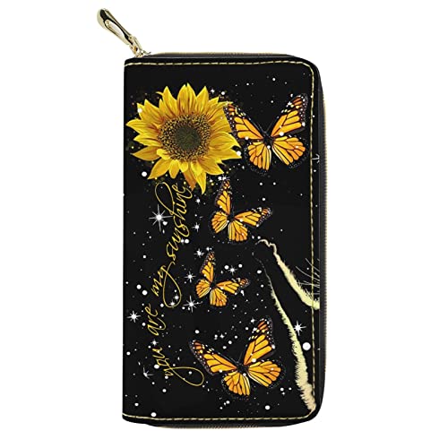 Lsjuee Geldbörse mit Bling-Schmetterlings-Sonnenblumen-Print für Damen, mit Reißverschluss, Kreditkartenetui, Kupplung, Lange Leder-Geldbörse, Reise-Organizer von Lsjuee